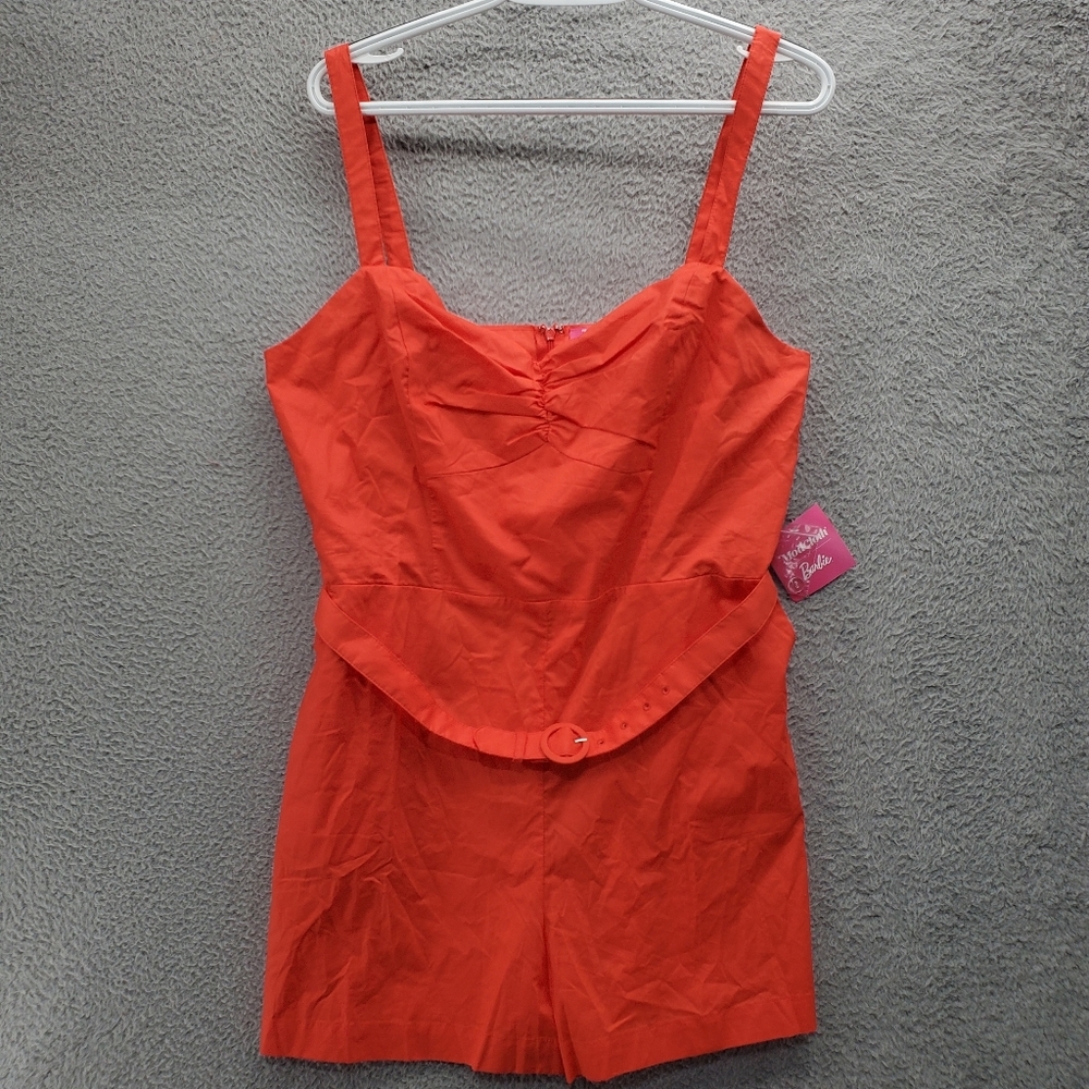 MODCLOTH x BARBIE Retro Romp Romper XL Orange Belted Retro Sweetheart Neckline